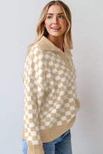 Load image into Gallery viewer, Apricot Checkered Buttons Collar V Neck Drop Shoulder Sweater
