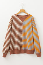 Load image into Gallery viewer, Brown Stripe Casual Stripe Colorblock Drop Shoulder Oversize Sweatshirt
