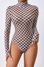 Load image into Gallery viewer, Brown Checkered Printed Long Sleeve High Neck Bodysuit
