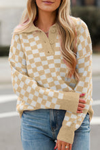 Load image into Gallery viewer, Apricot Checkered Buttons Collar V Neck Drop Shoulder Sweater
