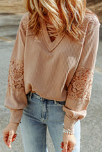 Load image into Gallery viewer, Apricot Lace Waffle Patchwork Strappy V Neck Long Sleeve Top
