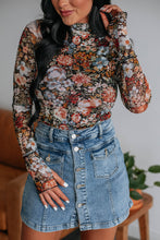 Load image into Gallery viewer, Brown Floral Long Sleeve High Neck Sheath Mesh Top
