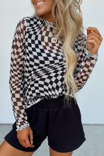 Load image into Gallery viewer, Black Checkered Pattern Mesh Mock Neck Long Sleeve Top
