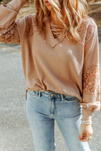 Load image into Gallery viewer, Apricot Lace Waffle Patchwork Strappy V Neck Long Sleeve Top
