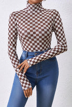 Load image into Gallery viewer, Brown Checkered Printed Long Sleeve High Neck Bodysuit
