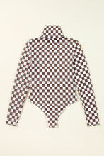 Load image into Gallery viewer, Brown Checkered Printed Long Sleeve High Neck Bodysuit
