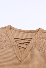 Load image into Gallery viewer, Apricot Lace Waffle Patchwork Strappy V Neck Long Sleeve Top
