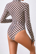 Load image into Gallery viewer, Brown Checkered Printed Long Sleeve High Neck Bodysuit
