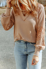 Load image into Gallery viewer, Apricot Lace Waffle Patchwork Strappy V Neck Long Sleeve Top
