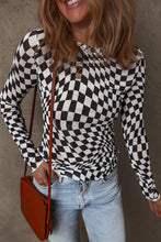 Load image into Gallery viewer, Black Checkered Pattern Mesh Mock Neck Long Sleeve Top
