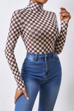 Load image into Gallery viewer, Brown Checkered Printed Long Sleeve High Neck Bodysuit
