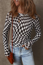 Load image into Gallery viewer, Black Checkered Pattern Mesh Mock Neck Long Sleeve Top
