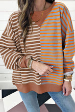 Load image into Gallery viewer, Brown Stripe Casual Stripe Colorblock Drop Shoulder Oversize Sweatshirt
