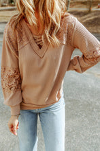 Load image into Gallery viewer, Apricot Lace Waffle Patchwork Strappy V Neck Long Sleeve Top
