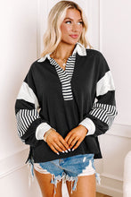 Load image into Gallery viewer, Black Striped Colorblock Patchwork Collar Sweatshirt
