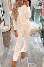 Load image into Gallery viewer, Beige Checkered Print Long Sleeve Top and Pants Lounge Set
