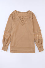 Load image into Gallery viewer, Apricot Lace Waffle Patchwork Strappy V Neck Long Sleeve Top
