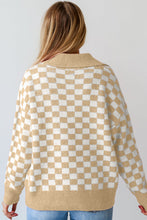 Load image into Gallery viewer, Apricot Checkered Buttons Collar V Neck Drop Shoulder Sweater
