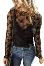 Load image into Gallery viewer, Black Lace Mesh Crochet Splicing Slim Fit Long Sleeve Blouse
