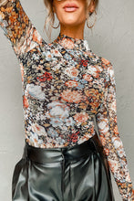 Load image into Gallery viewer, Brown Floral Long Sleeve High Neck Sheath Mesh Top
