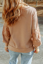 Load image into Gallery viewer, Apricot Lace Waffle Patchwork Strappy V Neck Long Sleeve Top
