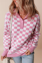 Load image into Gallery viewer, Apricot Checkered Buttons Collar V Neck Drop Shoulder Sweater
