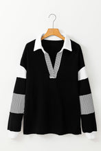 Load image into Gallery viewer, Black Striped Colorblock Patchwork Collar Sweatshirt
