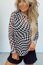 Load image into Gallery viewer, Black Checkered Pattern Mesh Mock Neck Long Sleeve Top
