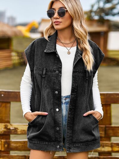 ELY Button Up Collared Neck Sleeveless Denim Jacket