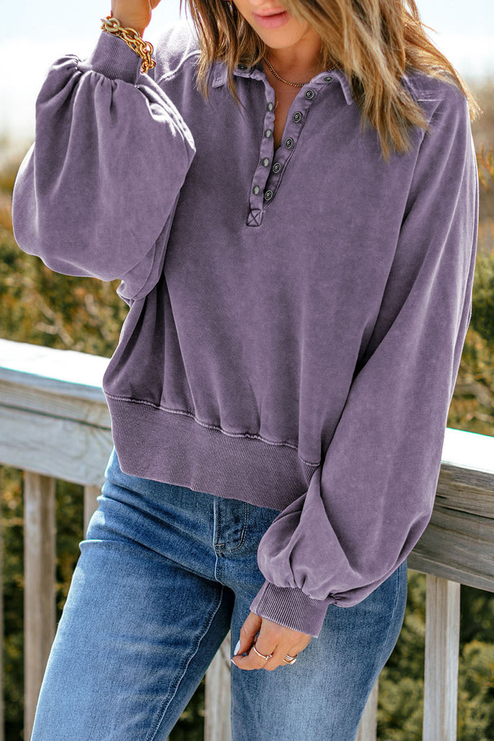 CHEYENNE Quarter-Snap Collared Lantern Sleeve Sweatshirt